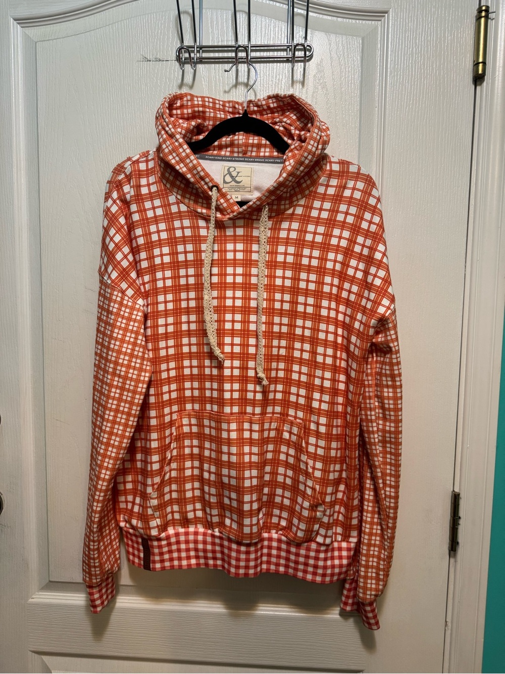AMPERSAND AVE Orange and White Plaid Hooded Sweatshirt